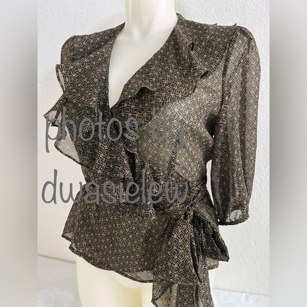 NWOT Ralph Lauren Ruffle Wrap Blouse Shirt Top L 3/4 Blouson Sleeves Black Tan